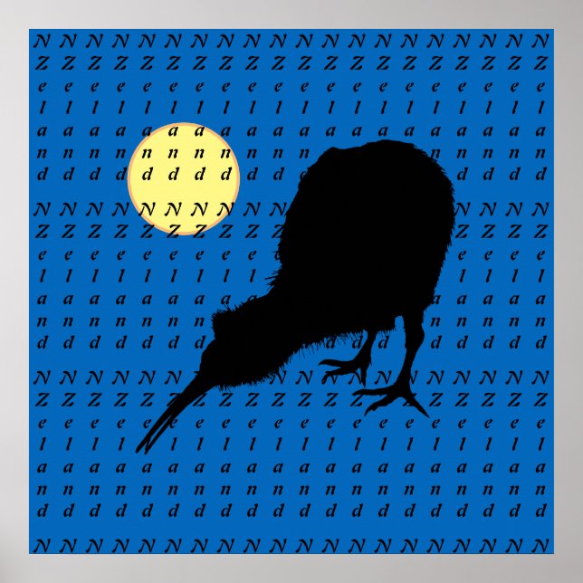 Kiwi Bird, Moon & New Zealand text /Bro Posters (Front)