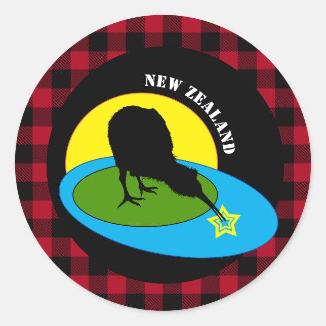 Kiwi Bird & New Zealand, Red Buffalo Plaid Rustic Classic Round Sticker (Front)