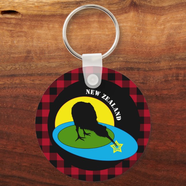 Kiwi Bird & New Zealand, Red Buffalo Plaid Rustic Key Ring (Front)