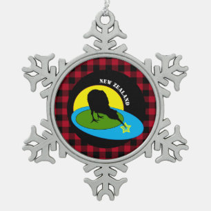 Kiwi Bird & New Zealand, Red Buffalo Plaid Rustic Snowflake Pewter Christmas Ornament