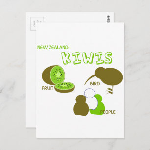 Kiwi fruit,birds,people cartoon green postcard