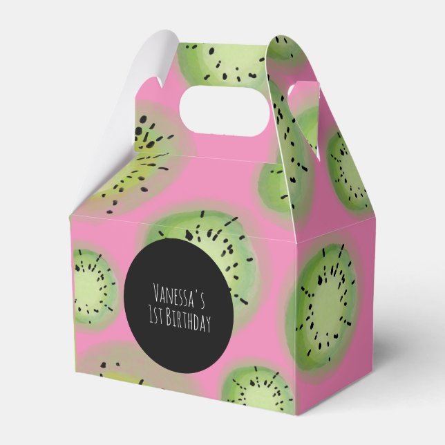 Kiwi Fruit Birthday Watercolor Pink Black Favour Box (Front Side)