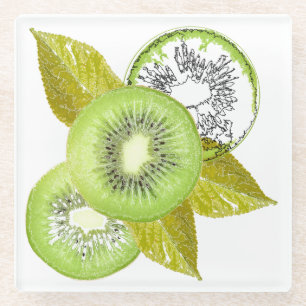 Kiwi, fruity, green and white, fresh, juicy, white glass coaster