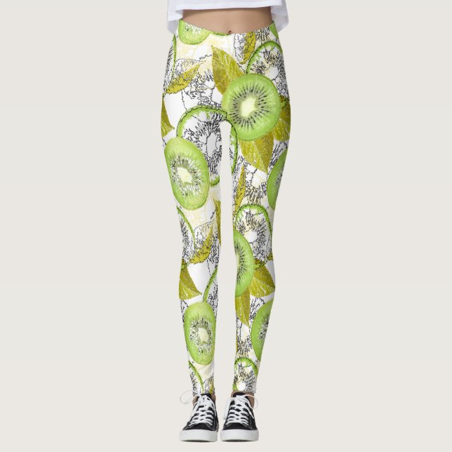 Kiwi, fruity, green and white, fresh, juicy, white leggings (Front)