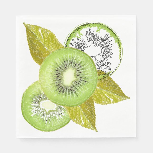 Kiwi, fruity, green and white, fresh, juicy, white napkin (Front)