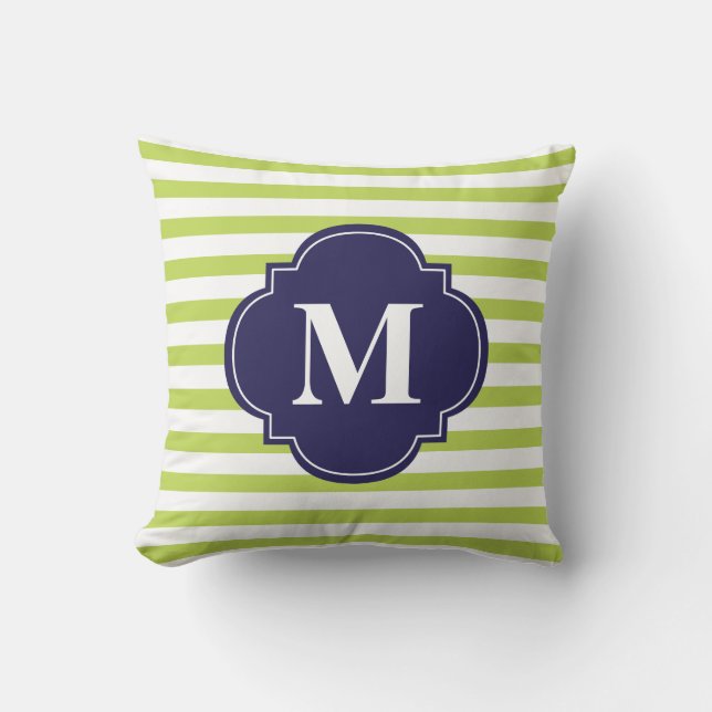 Kiwi Green and Navy Blue Stripes Monogram Cushion (Front)