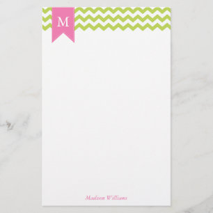 Kiwi Green Chevrons Pattern and Pink Monogram Stationery