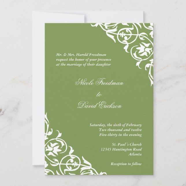 Kiwi green corner scroll script elegant wedding invitation (Front)