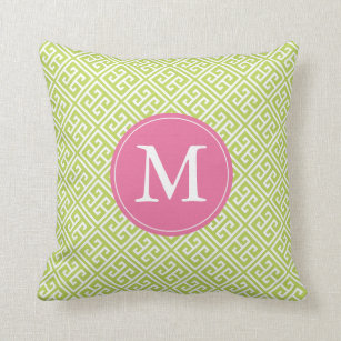 Kiwi Green Pink Greek Key Pattern Monogram Cushion