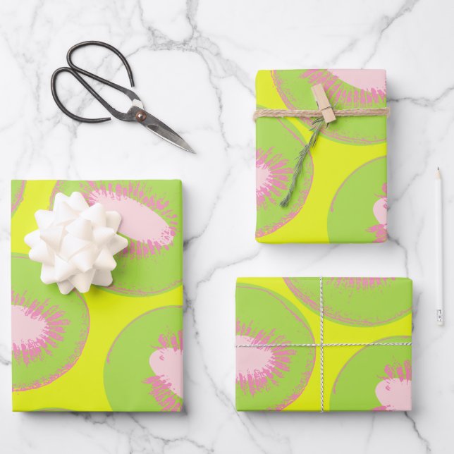 Kiwi Pop Art Fruit Pattern in Chartreuse and Pink Wrapping Paper Sheet (Front)