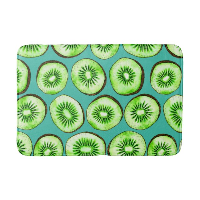 Kiwi slices on turquoise bath mat (Front)