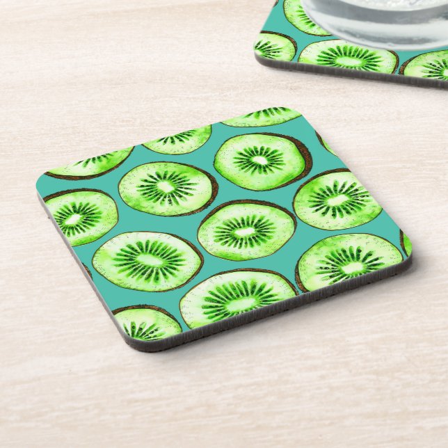 Kiwi slices on turquoise coaster (Left Side)
