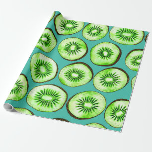 Kiwi slices on turquoise wrapping paper