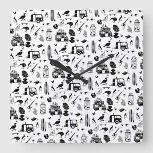 Kiwi summer pattern black and white square wall clock