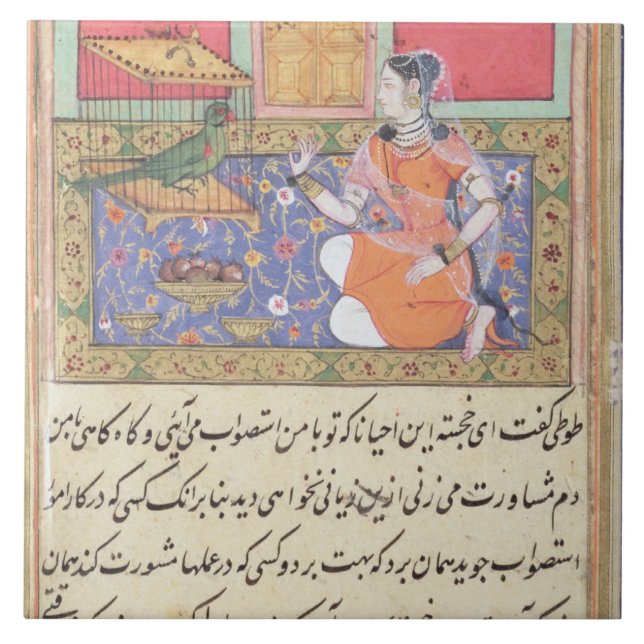 Kjujista, the Merchant's Wife, talking to a Parrot Tile (Front)