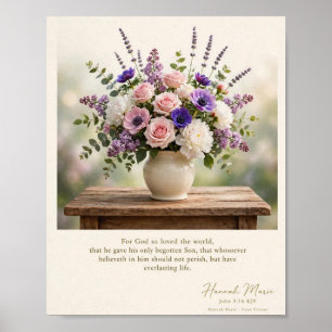 KJV Bible-John 3:16-Purple Pink Floral Poster