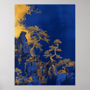 Klein Blue Chinese Embroidery Craft of Gold Poster