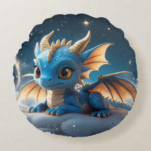 Kleiner blauer Dino auf einer Wolke  Round Cushion