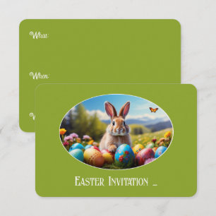 Kleiner Osterhase in Landschaft, oval -  Karte Invitation