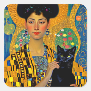 Klimptesque Woman and Black Cat  Square Sticker