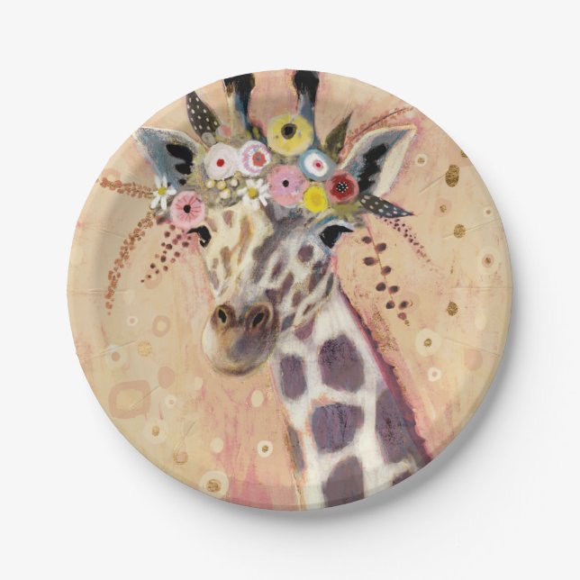 Klimt Giraffe | Adorned In Flowers Paper Plate (Front)
