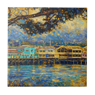 Klimt-inspired Golden Monterey Harbor Dreams Tile