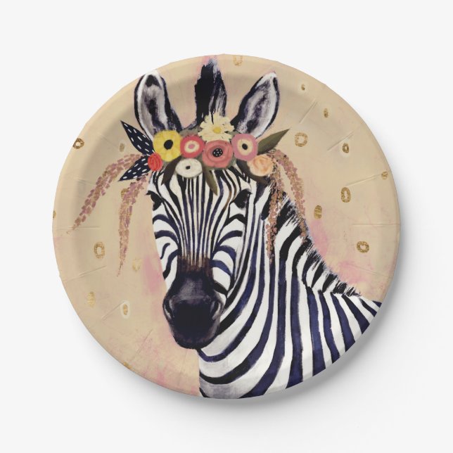 Klimt Zebra | Adorned In Flowers Paper Plate (Front)