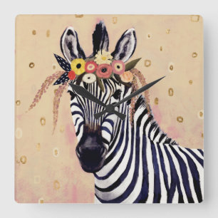 Klimt Zebra   Adorned In Flowers Square Wall Clock