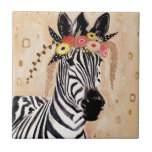 Klimt Zebra | Crown Of Flowers Tile<br><div class="desc">This print features a sweet zebra adorned in a crown of flowers | By Victoria Borges. Image ID: 128246GG</div>