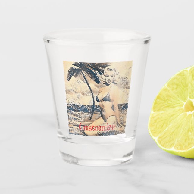 Kneeling Blonde Bikini Model Thunder_Cove Shot Glass (Front)