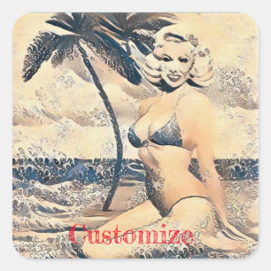 Kneeling Blonde Bikini Model Thunder_Cove Square Sticker