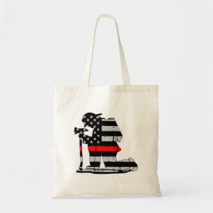 Kneeling Firefighter Thin Red Line Tote Bag