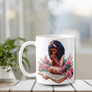 Kneeling in Prayer- Pink Floral - African American Coffee Mug