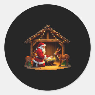 Kneeling Santa Claus & Baby Jesus Merry Christ Classic Round Sticker