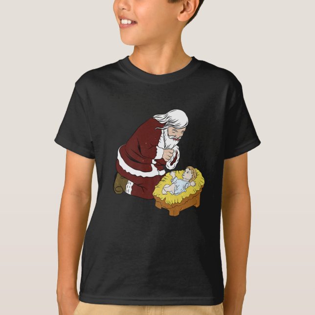 Kneeling Santa Claus With Baby Jesus T- Christmas T-Shirt (Front)