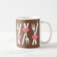 Knife & Fork - Pink Hearts, Brown & White Mug