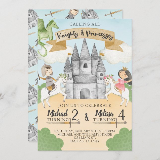 Knight and Princess Birthday Invitation Sibling (Front/Back)