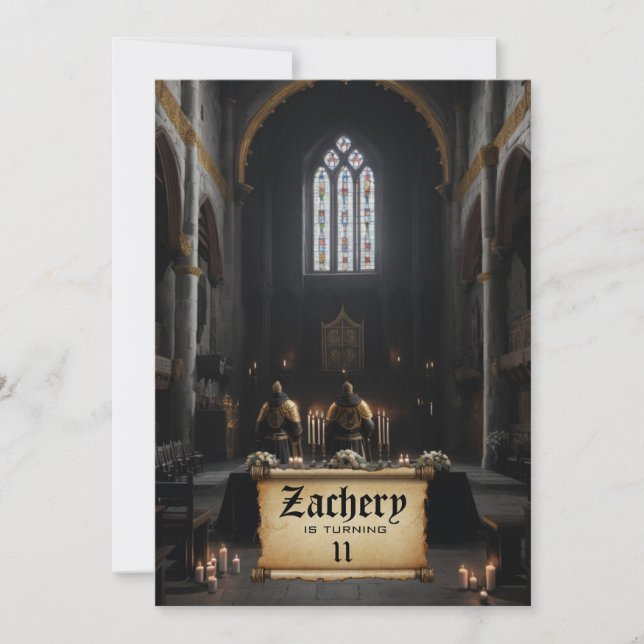 *~* Knight Castle Scroll Mediaeval AP88 Birthday Invitation (Front)