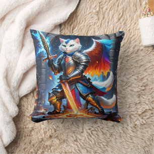 Knight Cat in Armour With Sword in Fantasy Setting Cushion