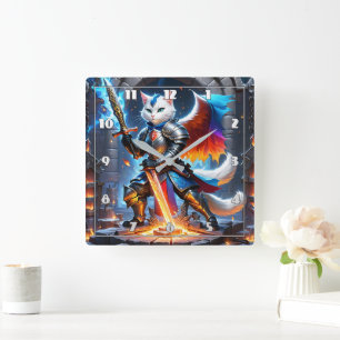 Knight Cat in Armour With Sword in Fantasy Setting Square Wall Clock