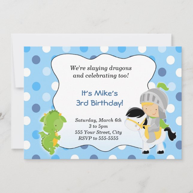 Knight Dragon Invitation Boy Birthday Party Blue (Front)