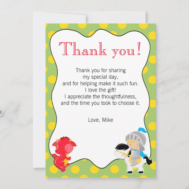 Knight Dragon Yellow Green Thank You Card (Front)