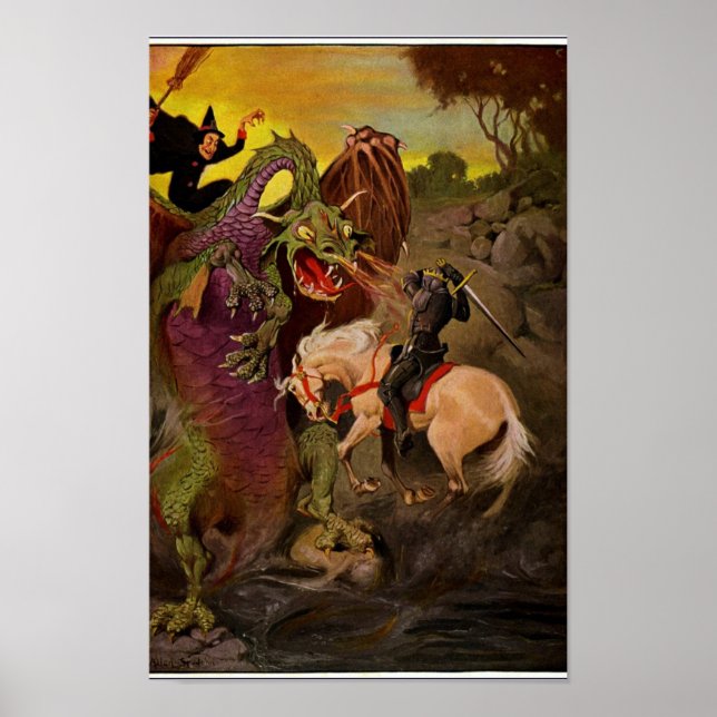 Knight Fighting Dragon by J. Allen St. John Poster (Front)