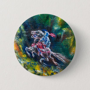 KNIGHT LANCELOT ,HORSE RIDING IN GREEN FOREST 6 CM ROUND BADGE