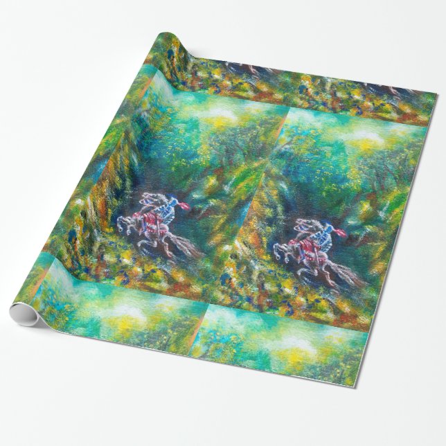 KNIGHT LANCELOT ,HORSE RIDING IN GREEN FOREST WRAPPING PAPER (Unrolled)