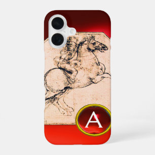 Knight on a Rearing Horse Red Ruby Gem Monogram iPhone 16 Case
