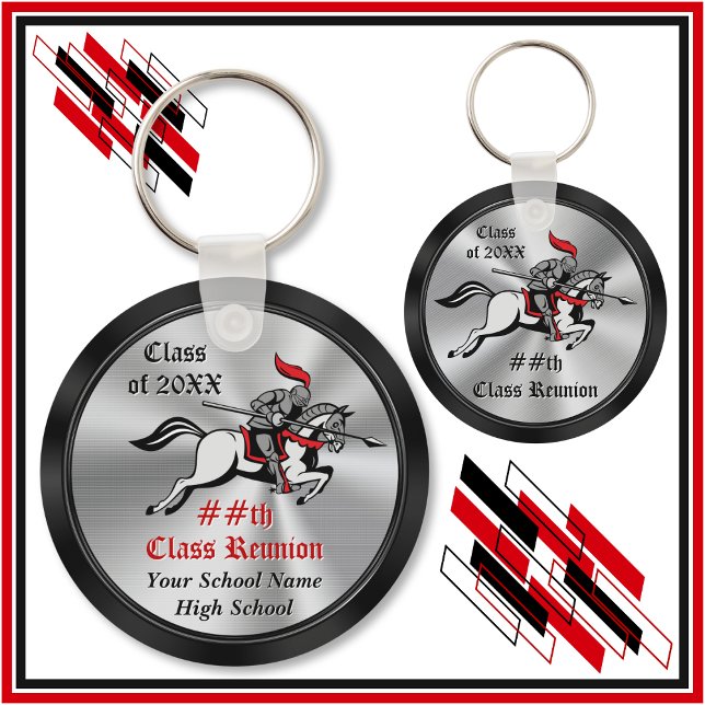 Knight Party Favours, Class Reunion Souvenir Key Ring (Knight theme class reunion. Knight keychains. Black, Silver, White, Red, cheap class reunion gifts.)