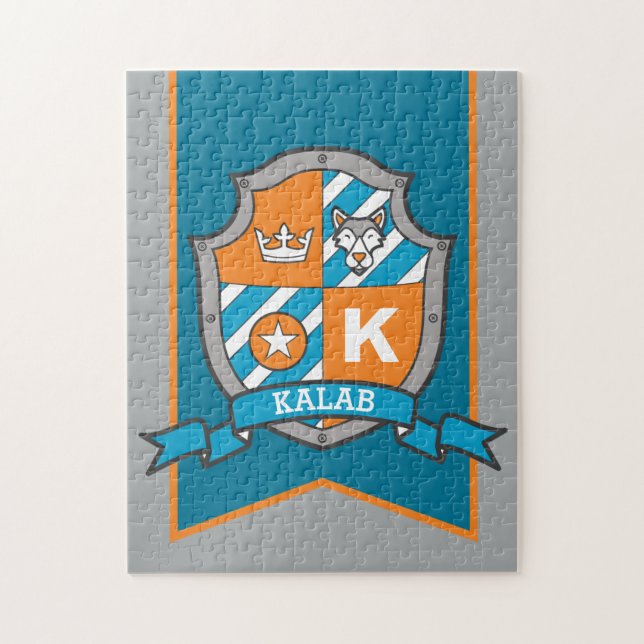 Knight prince crest personalised wolf orange teal jigsaw puzzle (Vertical)