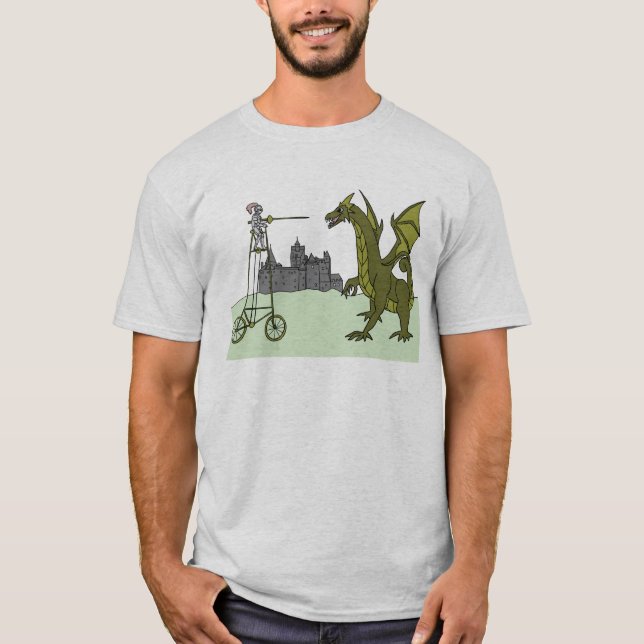 Knight Riding A Tall Bike Slaying A Dragon T-Shirt (Front)