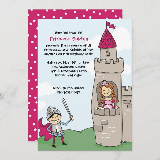 Knight Saves Princess Invitations: Black Red Hair Invitation (Front/Back)